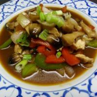 Ginger Chicken · King-kai. Stir fried sliced chicken breast with fresh ginger, onions, bell peppers, mushroom...