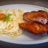 Cordon Bleu/Linguine Alfredo · Pan Fried Chicken Schnitzel Pocket with Fontina cheese  and Ham in it, Chose your side 