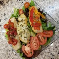 Greenpeace Salad (VEGAN) · Arugula, spring mix, tomato, cherry tomato,  ciabatta bread, roasted peppers, dry tomato, ar...