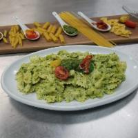 Farfalle Pesto · Our pesto is house-made, there is no cheese, no additives, no colorant, no sugar.