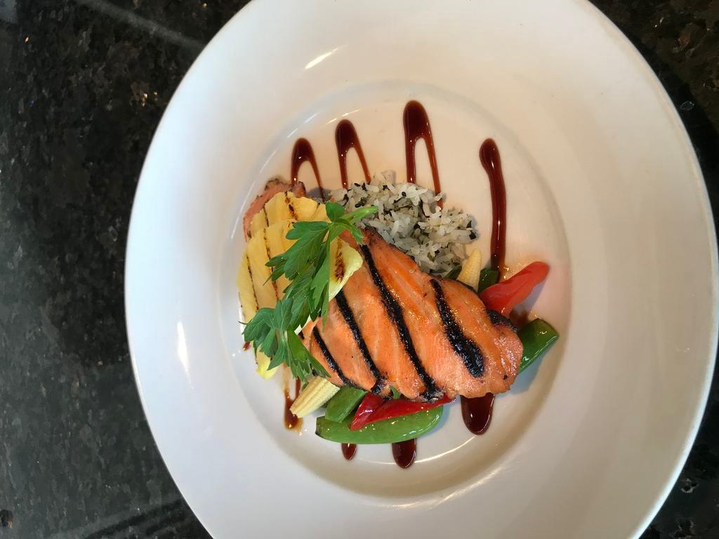 Grilled Fresh Kabayaki New Zealand King Salmon · Grilled spicy pineapple. Served with steamed white rice or steamed coconut milk ginger brown rice.