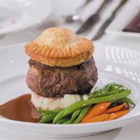 Grilled Filet Mignon · Served with mashed potato, mushroom puff, Merlot demi, haricot vert, baby carrot and sun-dri...