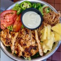 Chicken Jalapeño Salad · Grilled Chicken, Fresh Pineapple, Fresh Sliced Jalapeños, Sliced Tomatoes, Fried Onion Strin...