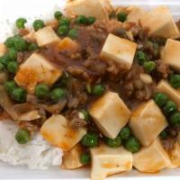 Mapo Tofu on Rice · Spicy. Soft tofu with minced meat and green peas