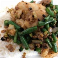 House Home Style Fish on Rice  · Diced string beans, minced pork and sweetened black bean