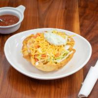 Chalupa Salad · Crispy flour tortilla bowl filled with rice, beans, choice of meat (chile verde, chicken, sh...
