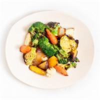 Fire Roasted Veggies · fire roasted broccoli, cauliflower, organic rainbow carrot, charred onion, Brussels sprouts