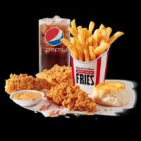 3 pc. Tenders Combo · 3 Extra Crispy Tenders, a side of your choice, a biscuit, your choice of a dipping sauce, an...