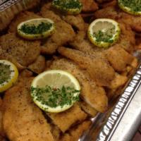 Catering Chicken Milanese · Breaded chicken breast sauteed in wine served with lemon wedges and no sauce. 