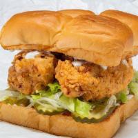 BAD MUTHA CLUCKA · crispy fried or grilled chicken tenders, lettuce, pickles, miso ranch