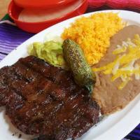 Carne Asada Plate · Grilled beef. Served with beans and rice. Includes corn tortilla.