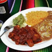 Chile Colorado Plate · Stewed pork and potato in red chile sauce. Served with beans and rice.