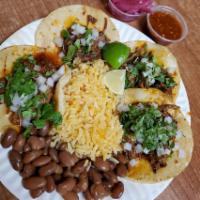 25 Tacos · 25 tacos with rice and beans