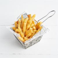 Seasoned Fries · French fries tossed with house seasoning, parmesan cheese, topped with parsley flakes and a ...