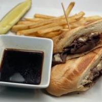 French Dip · Thinly sliced roast beef with melted Swiss cheese, fresh hoagie roll, served with a side of ...
