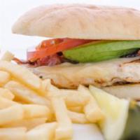 Grilled Chicken Sandwich · Grilled chicken breast, applewood smoked bacon, melted Swiss cheese, fresh avocado, romaine ...