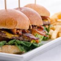 Bacon Cheeseburger Slider · 32 oz beef patties topped with American cheese, bacon, lettuce, and tomato, on slider buns, ...