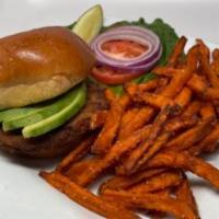 Veggie Burger · A grilled patty, lettuce, tomato, and avocado on a fresh toasted bun.