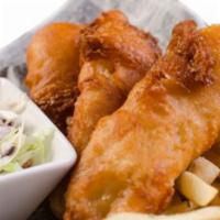 Beer Battered Fish & Chips · Hand battered cod filets, with fries and coleslaw, served with a house made lemon tartar sau...