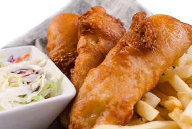 Beer Battered Fish & Chips · Hand battered cod filets, with fries and coleslaw, served with a house made lemon tartar sauce.