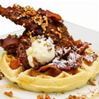 B&B Waffle w/ Pretzel Chicken · Pretzel crusted fried chicken and a Belgian waffle topped with Siracha candied bacon, toaste...