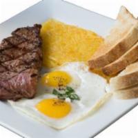 New York Steak & Eggs · 8 oz. steak & 2 eggs; served with hash browns. choice of toast.