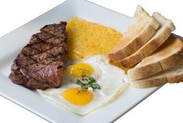 New York Steak & Eggs · 8 oz steak & 2 eggs, served with hash browns choice of toast.