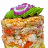 Baja Cali Seafood Tower · Jumbo Scallops, Red Aguachile, Whole Shrimp, Fish Ceviche, Shrimp Ceviche, Spicy Black Salsa

