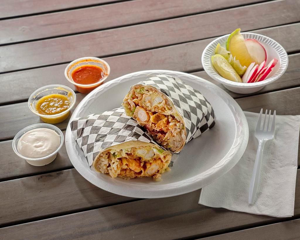 Mixed Burrito · Our fried fish and shrimp burrito packed with rice, beans, cabbage, pico de gallo, crema, and salsa.