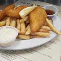 Yankee Fish & Chips · Award Winning! Pubhouse battered pollock served over chips (french fries). Malt vinegar and ...