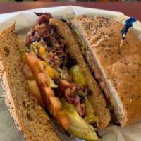 Chicago Pastrami Sandwich · Tender, juicy pastrami stacked high on our poppy seed bun served with melted pepper jack and...