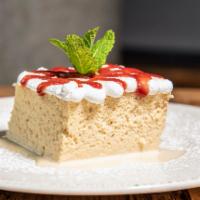 Tres Leches · Sponge Cake, Strawberry Sauce