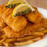 Beer Battered Fish & Chips · Hand-battered cod fillets with french fries, coleslaw, and tartar sauce.