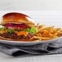 Brioche Cheeseburger · 100% USDA premium beef patty with your choice of cheese, lettuce, tomatoes, red onions, pick...