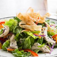 Asian Chicken Salad · Roasted chicken, bell peppers, green onions, mandarin oranges and cilantro on shredded cabba...