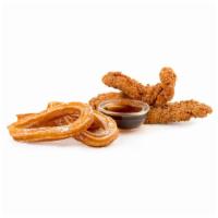 Chicken and Churros · 2 Crispy Chicken Tenders served with 3 sugar dusted churros and maple syrup.