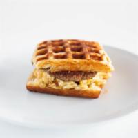 Sausage Sammy · Soft scrambled eggs, provolone cheese, cooked to order sausage and syrup - made with our cro...