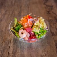 Rainbow Signature Bowl · Salmon, tuna, albacore, shrimp, crabmeat, seaweed salad, cucumber, green onion, red onion, m...
