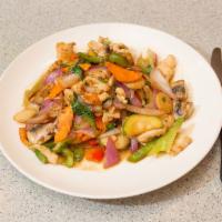 46. Basil Chicken · Sauteed white meat chicken with mushroom, bell pepper, squash, onion, snow peas, celery, car...