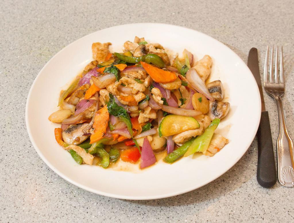 46. Basil Chicken · Sauteed white meat chicken with mushroom, bell pepper, squash, onion, snow peas, celery, carrot and basil leaves.
