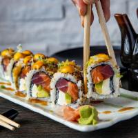 Inka Maki Roll · Filled with fresh salmon, tuna, cream cheese and avocado, topped with crunchy quinoa, scalli...