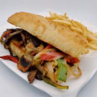 Philly Cheesesteak Sandwich · Choice of beef or chicken. Grilled onions, grilled peppers, grilled mushrooms, grilled jalap...