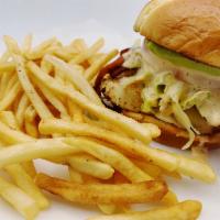 The Vic Chicken Sandwich  · Grilled chicken breast, pepper jack, bacon, guacamole and spicy ranch with lettuce and tomat...