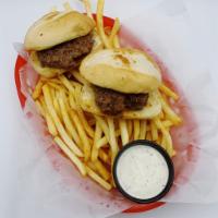 Kids Cheeseburgers · 2  beef sliders cooked medium well and served with fries.