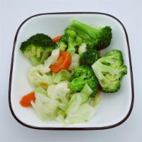 Steamed Veggies · Broccoli, carrots, cauliflower and cabbage. Vegetarian.