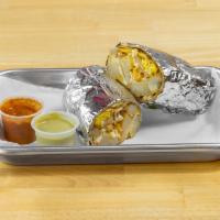 Breakfast Burrito · Eggs, potatoes, cheese and a choice of meat.