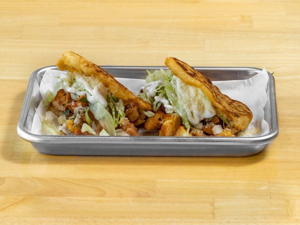 Chicken Gordita · Fresh 3” inch homemade corn pockets filled with choice of meat, beans, lettuce, pico, mozzarella cheese, and sour cream. Lightly fried to finish.
