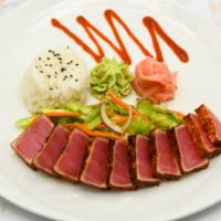 Seared Ahi Tuna Entree · Hawaiian Bigeye Ahi Tuna / Seared Rare / Sesame Cucumber Salad / Sticky Rice