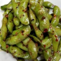 Spicy Edamame · Sauteed with chili sauce. (Contained garlic and sesame oil)  