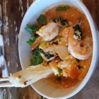 Thai Sukiyaki · Thai style Sukiyaki soup with Vermicelli noodle (Glass noodle), egg, napa, asian broccoli an...